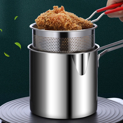 TRIVYOM Deep Frying Pot with Basket 1200ml Stainless Steel Fryer Pot with Long Handle Deep Frying Basket(Silver)
