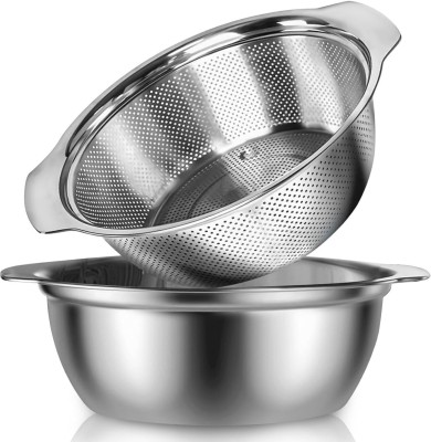 HEVASNEK 2-Piece Stainless Steel Colander Set with Handle Vegetable Strainer for Kitchen Colander(Silver Pack of 1)