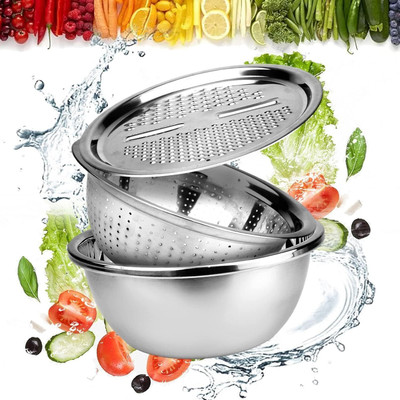 KRESHU 3-In-1 Steel Drain Basket Basin Set with Vegetable Chopper Layer Strainer(Silver Pack of 3)
