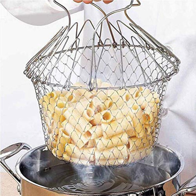 Veneur Store Chef Basket Foldable Stainless Steel 12-in-1 Multi-Function Cooking Basket Collapsible Deep Frying Basket(Silver Pack of 1)