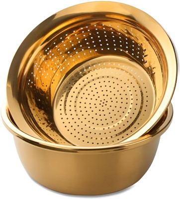 Kruvad Golden Stainless Steel Microporous Colander with Mixing Bowl Big Colander(Gold Pack of 1)