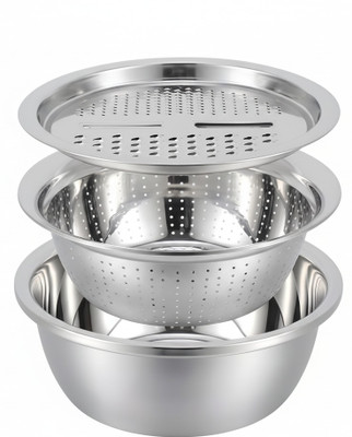 shell and turtle SteelPro 3-in-1 Stainless Steel Strainer Bowl Set with Lid Strainer(Silver Pack of 3)