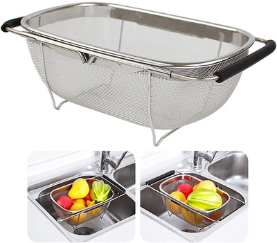 PalD Stainless Steel Sink Basket Oval Colander with Expandable Rubber Grip Drainer Collapsible Strainer(Silver Pack of 1)