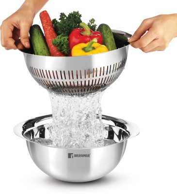 BERGNER Stainless Steel Uni Colander and Mixing Bowl, 2 in 1 Stainless Steel 26 cm Colander(Silver Pack of 2)