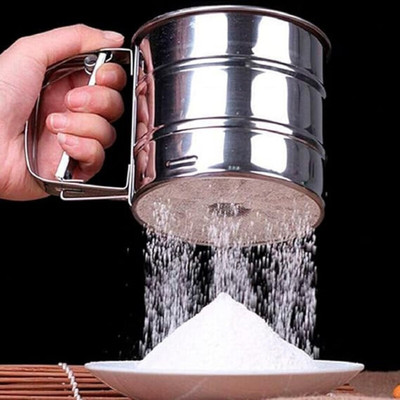 VINKAL Baking, Double Layers Sifter, Powder Sugar Shaker with Hand Press Design, Collapsible Strainer(Silver Pack of 1)