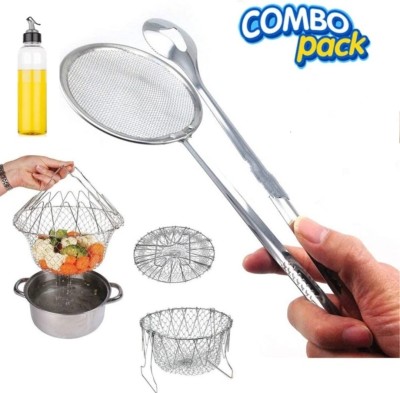 Wawoo Combo Chef Basket SS Mesh, Deep Fry Tool Tong Spoon Clip, Oil Dispenser Bottle Collapsible Strainer(Steel Pack of 3)