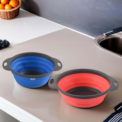HOMESTIC Pack of 2 Multipurpose Strainer For Kitchen with Handle | HW-12 | Red & Blue Collapsible Colander(Red, Blue Pack of 2)