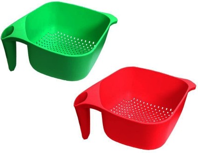 COOL INDIANS Plastic Fruit and Vegetable Basket Soak, Wash, Rinse, & Store Rinse Bowl Strainer(Red, Green Pack of 2)