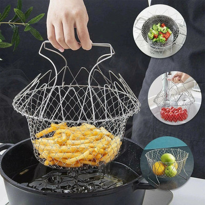 Prachi Stainless Steel Chef Basket Foldable Cooking Basket Mesh Magic Baskets Collapsible Deep Frying Basket(Silver Pack of 1)