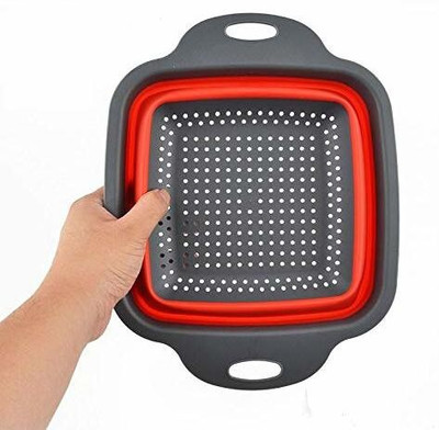 Connectwide Square Folding Colander Washing Drain Basket Silicone Filter Baskets Washing Up Bowl Collapsible Colander Washing Up Bowl Silicone Strainer Filter Basket Size:29 cm Collapsible Strainer(Red Pack of 1)
