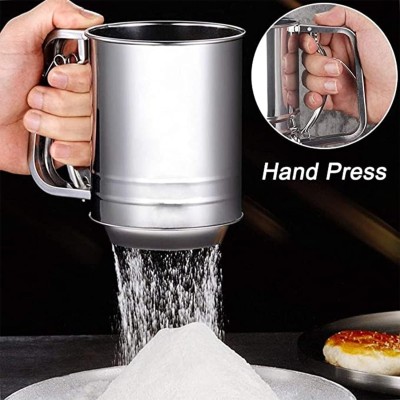 Ji And Ja Double Layer Hand Squeeze Fine Mesh Flour Sifter 5 Cup Capacity Sieve Cup Collapsible Sieve(Silver Pack of 1)