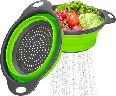 HomeAra 1 PCS Collapsible Colander Round Silicone Folding Colander with Plastic Handles Colander(Green Pack of 1)