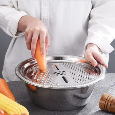 CRR RETAIL Multipurpose Kitchen Handheld Stainless Steel Drain Basket Cutter 3 in 1 Tool Colander(Multicolor Pack of 1)