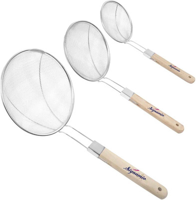 Signamio Heavy Duty Professional Standard Stainless Steel Deep Fry Net Spoon Oil Strainer With U Shape Wooden Handle Jhara,Mesh,Ladle,Wire,Skimmer,Puri Strainer for kitchen-pack of 3pcs-(16/18/20 cm) Deep Frying Basket(Steel Pack of 3)