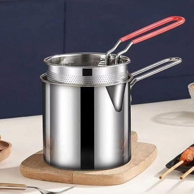 harimart Deep Frying Pot with Basket 1200ml Stainless Steel Fryer Pot with Long Handle Deep Frying Basket(Silver Pack of 1)
