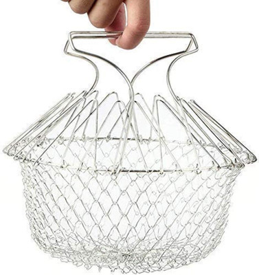 NURIOR Foldable Steam Rinse Deep Fry Chef Basket Magic Basket Mesh Basket Strainer Net Collapsible Strainer(Steel Pack of 1)