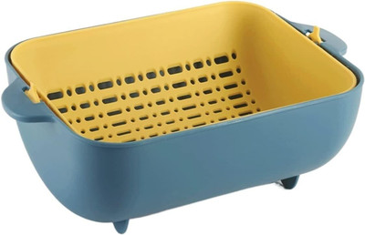 PERIZONE Double Layer Drain Baskets Washing Vegetables and Fruit Draining Basket Collapsible Colander(Blue, Yellow Pack of 1)