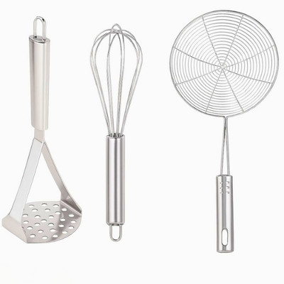 SSR TRADER Stainless Steel Kitchen Tool Combo Set (Masher, Whisk & Skimmer) Strainer(Silver Pack of 3)