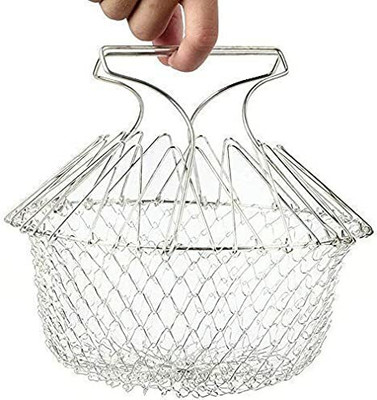 Right Traders Chef Basket Stainless Steel Fold-able Cooking Basket Magic Basket Mesh Stainer Collapsible Deep Frying Basket(Silver Pack of 1)