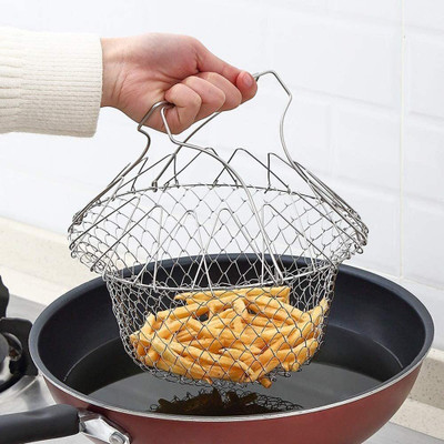 Fulkiza 12 in 1 Chef Cooking Net Basket for Deep Fry, Boiling, Steam Collapsible Deep Frying Basket(Silver Pack of 1)