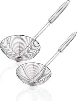 Sakyastars Stainless Steel Puri Strainer Jhara Set of 2 (14 & 16 Inch) Collapsible Strainer(Silver Pack of 2)