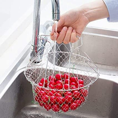 CLLEORA Chef Basket Steel for Deep Fry ,Rinse Collapsible Deep Frying Basket Deep Frying Basket(Silver Pack of 1)