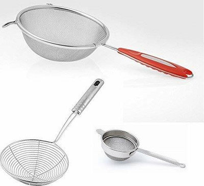 TACHI Stainless Steel Combo of Soup Strainer, Deep Fry and Tea Strainer Deep Frying Basket(Silver Pack of 3)