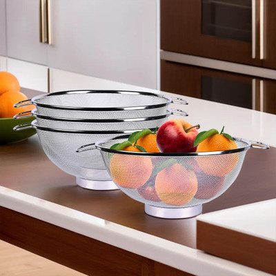 KUBER INDUSTRIES Stainless Steel Mesh Fruit Basket With Handle|8 Inch|Pack of 4|Silver Strainer(Silver Pack of 4)
