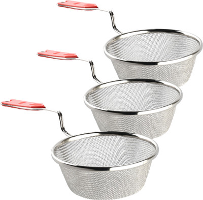 KUBER INDUSTRIES Pack of 3 Steel Deep Fry Strainer for Kitchen | 6 no. | Silver & Red Strainer(Silver, Red Pack of 3)