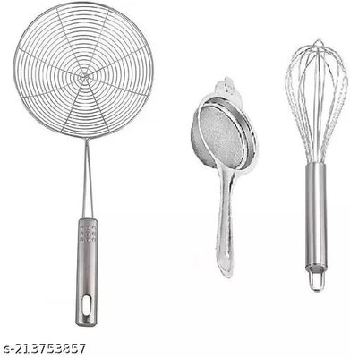 Aric Stainless Steel Deep Fry Jhara /Tea Strainer And Egg Beater Whisker Deep Frying Basket(Silver Pack of 3)