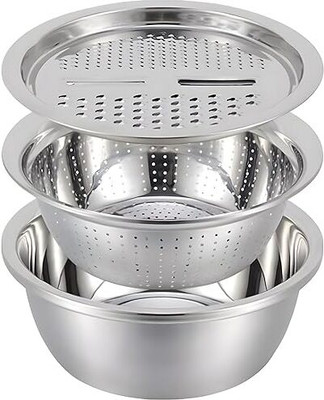 AORDEY 3 in 1 Multipurpose Strainer Drainer|Stainless Steel Cheese Grater & Salad Maker Collapsible Strainer(Steel Pack of 3)