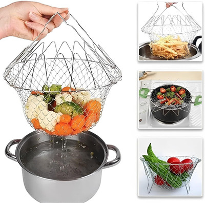 Kayaan Cook Deep Fry,Boiling,Steaming|Steam Rinse Deep Frying Basket Collapsible Deep Frying Basket(Silver Pack of 1)