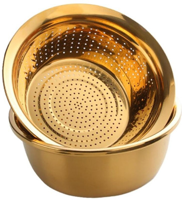 BHAJANSHREE Steel Strainer Basket & Rice Colander,Mixing Bowl Multi-Purpose task Bowl-Combo Colander(Gold Pack of 1)