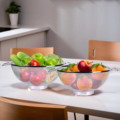 HOMESTIC Stainless Steel Mesh Fruit Basket With Handle|8 Inch|Pack of 2|Silver Strainer(Silver Pack of 2)