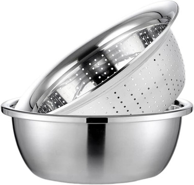 HEVASNEK Rice Bowl Colander Strainer Drainer For Fruits Vegetable Colander Colander(Silver Pack of 2)