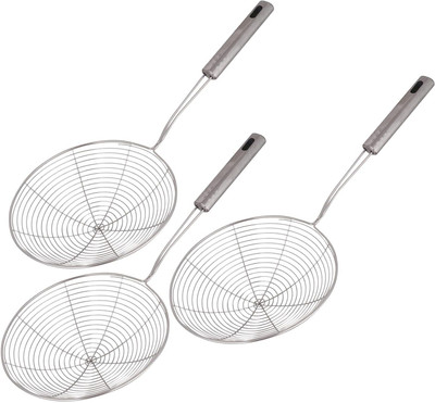 Aric Steel Deep Fry Jhara Skimmer Puri Strainer with Handle, 16 Cm (Silver) Collapsible Deep Frying Basket(Silver Pack of 3)
