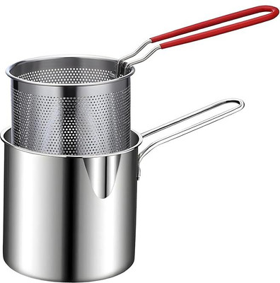 ZEKISTA 1200ml Stainless Steel Deep Frying Pot with Basket & Long Handle – Silver Strainer(Silver Pack of 1)