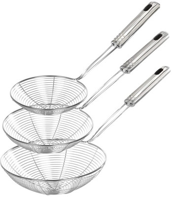 Veeram Frying Strainer Skimmer Jhara Set of 3 | Oil & Pasta Filter Ladle Deep Frying Basket(Silver Pack of 3)