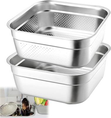BHAJANSHREE Multipurpose Washing and Draining Set,Dishpan & Perforated Kitchen Basket,Bowl Colander(Silver Pack of 2)