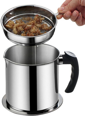 XSKY Stainless Steel Kitchen Oil Filter Household Oil Pot with Lid Cooking Fat Pot Colander(Silver Pack of 1)