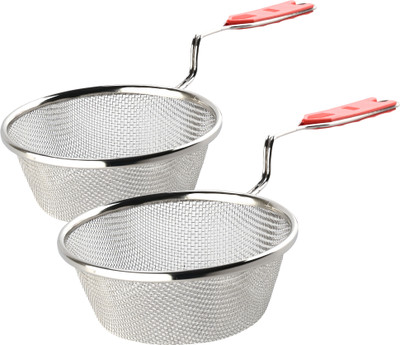 KUBER INDUSTRIES Pack of 2 Steel Deep Fry Strainer for Kitchen | 6 no. | Silver & Red Strainer(Silver, Red)