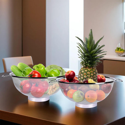 KUBER INDUSTRIES Stainless Steel Mesh Fruit Basket With Handle|11 Inch|Pack of 2|Silver Strainer(Silver Pack of 2)