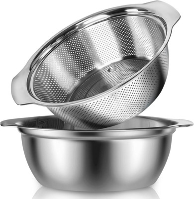 Gyanadh Kitchen Food Colander Set with Mixing Bowl Great Strainer(Silver Pack of 2)