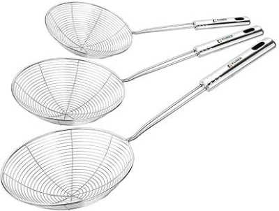 wtc Stainless Steel Puri Strainer Jhara Deep Frying Basket (Silver Pack of 3) Collapsible Deep Frying Basket(Steel Pack of 3)