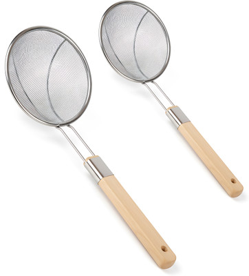 Sakyastars Stainless Steel Jhara Combo | 14 & 16 Inch Mesh Strainer with Wooden Handle Strainer(Silver Pack of 2)