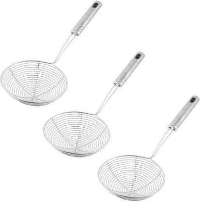 AVMART Strainer Wire Fryer Skimmer With Spiral Mash Collapsible Strainer Frying Spoon (Set Of 3) Strainer(Silver Pack of 3)