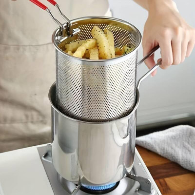 DRYZOO Stainless Steel Deep Fryer Set with Metal Stock Fry Pot and Strainer Basket Deep Frying Pot Collapsible Deep Frying Basket(Silver Pack of 1)