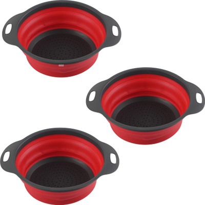 HOMESTIC Pack of 3 Multipurpose Strainer For Kitchen with Handle | HW-13-RD | Red Collapsible Colander(Red Pack of 3)