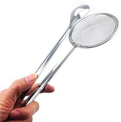Naklang 2 in1 Fry Tool Filter Spoon Strainer with Clip,Oil Frying Filter Stainless Steel Strainer(Silver Pack of 1)