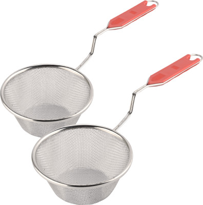 KUBER INDUSTRIES Pack of 2 Steel Deep Fry Strainer for Kitchen | 5 no. | Silver & Red Strainer(Silver, Red Pack of 2)